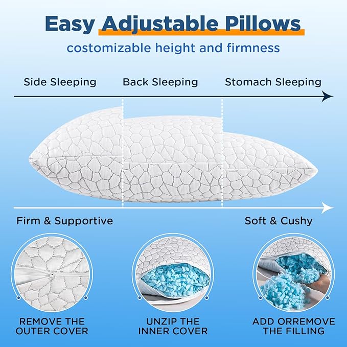Cooling Pillow Queen Size Set of 2, CertiPUR-US Shredded Memory Foam Pillows, Cool Bed Pillows for Hot Sleepers Sleeping, Adjustable Firm Pillow for Side,Back,Stomach Sleepers,Sleep Gift for Mom