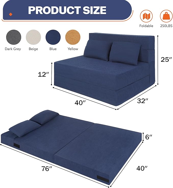 Fvkind Folding Sofa Bed, 4 in 1 Convertible Sleeper Sofa Bed Chair with Pillow, Twin Memory Foam Loveseat Futon Sleeper Chair, Foldable Futon Couch for Living Room, Bedroom, Guest Room, Blue