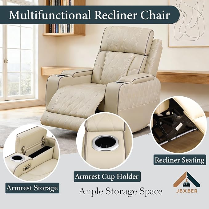 Power Recliner Sectional Sofa Set, Beige Leather Sectional Couch and Chair for Living Room, L Shape Reclining Sofa with Cup Holder, Hidden Storage, Drop-Down Table for House(7 Seat)