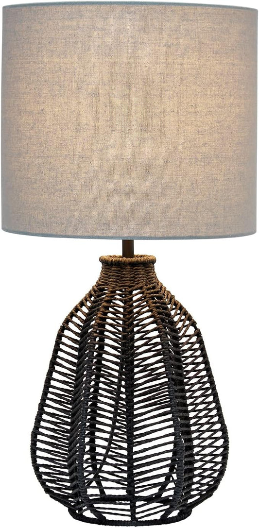 Elegant Designs LT2106-BLK 21" Tall Boho Coastal Inspired Rustic Paper Rope Rattan Wicker Look Standard Table Desk Nightstand Lamp with Light Gray Fabric Linen Shade, Black