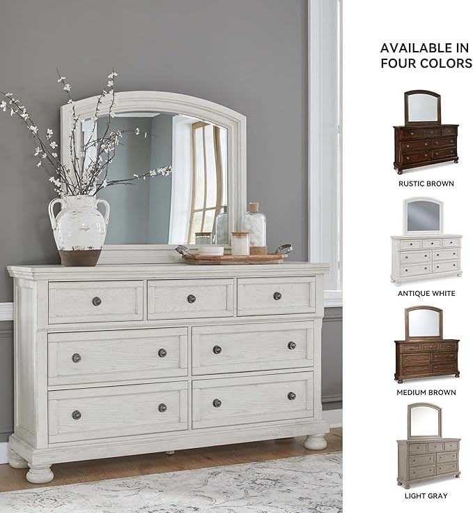 Signature Design by Ashley Robbinsdale Casual Smooth-Gliding 7-Drawer Dresser and Mirror with Safety Stop, Felt-Lined Top Drawers and Pull-Out Tray, White