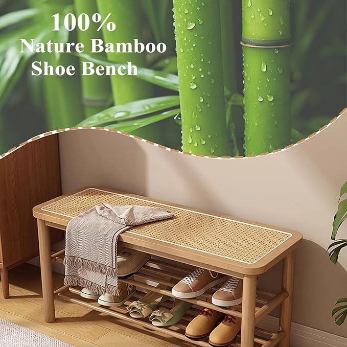Bamboo Shoe Rack Bench with Rattan Seat, 3-Tier Shoe Storage Bench, Entryway Bench for Hallway,Nature-39.4 inches