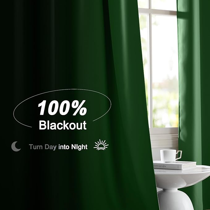 NICETOWN Forest Green 100% Blackout Curtain Panels, W52 x L84 inches Drop Rod Pocket Window Treatments with Black Liner for Nursery and Bedroom, Cold and Full Light Blocking Draperies, Set of 2