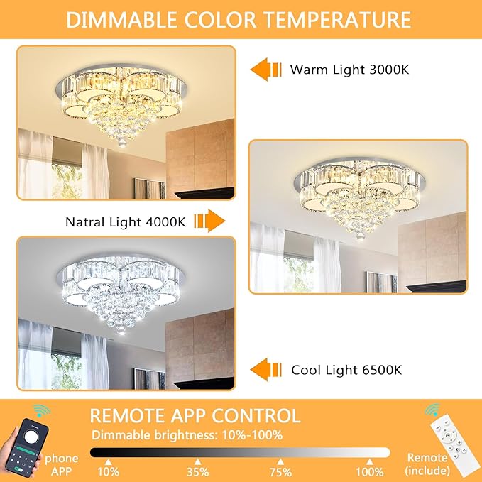 Modern Crystal Chandeliers for Dining Room LED Dimmable Light Fixtures Flush Mount Light Living Room Bedrooms