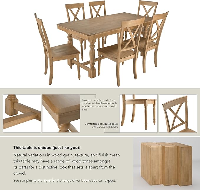 Bush Home Rectangular Dining Table Set for 6, with 67 inch Squire Trestle, Cross Back Dining Chairs, Farmhouse Decor, Sterling Collection, Light Brown and White