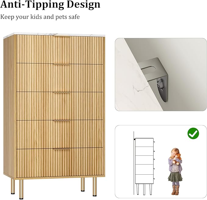 GAOMON 5 Drawer Dresser,Fluted Dresser for Bedroom,47.9" Tall Dressers Chest of Drawers,Wood Tall Dressers with Metal Handle for Closet, Living Room, Entryway