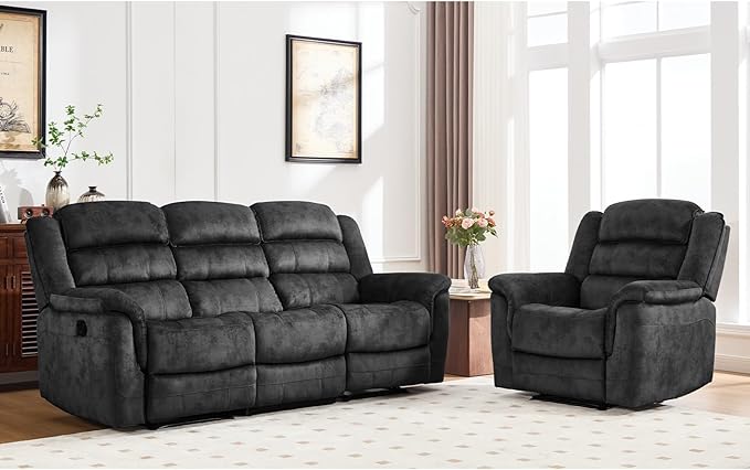 EBELLO 2 Pieces Reclining Couch Furniture Set, Soft Fabric Manual Recliner Sofa Home Theater Seating, Included Recliner Chair and 3 Seat Sofa, Grey