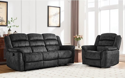 EBELLO 2 Pieces Reclining Couch Furniture Set, Soft Fabric Manual Recliner Sofa Home Theater Seating, Included Recliner Chair and 3 Seat Sofa, Grey