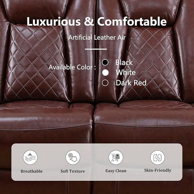 Power Recliner Sectional Couch with LED, Leather Reclining Sofa for Living Room, Muti-Functional Recliner Corner Sofa with Storage Console/Cup Holders/USB Ports (Dark Red, Chair)