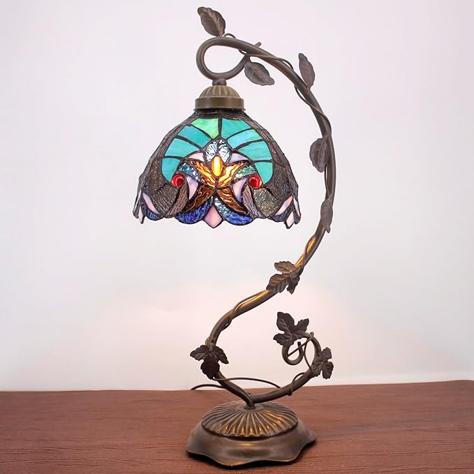 WERFACTORY Stained Glass Lamp Tiffany Style Bedside Table Lamp Reading Desk Light, Metal Leaf Base 8X10X21 Inches Decor Small Space Bedroom Home Office S160G Series
