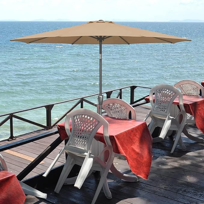 Simple Deluxe 9ft Patio Umbrella Outdoor UV-proof, Table Market Umbrella with Push Button Tilt and Crank, 8 Sturdy Ribs for Garden, Backyard, Pool, Deck, Tan