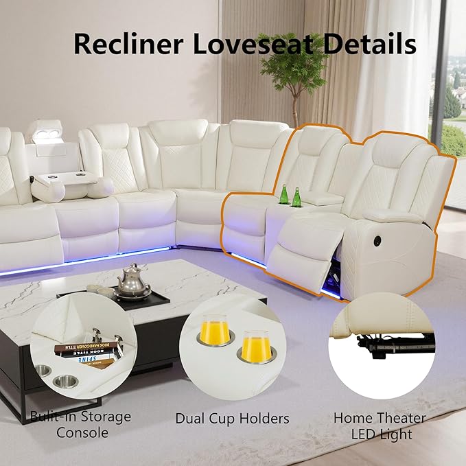 Breathing Leather Recliner Sectional Set, L Shaped Couch and Recliner Set with LED Light/Cup Holders/USB Port, Reclining Sectional Sofa 7 Seat Living Room Furniture (Cream White)