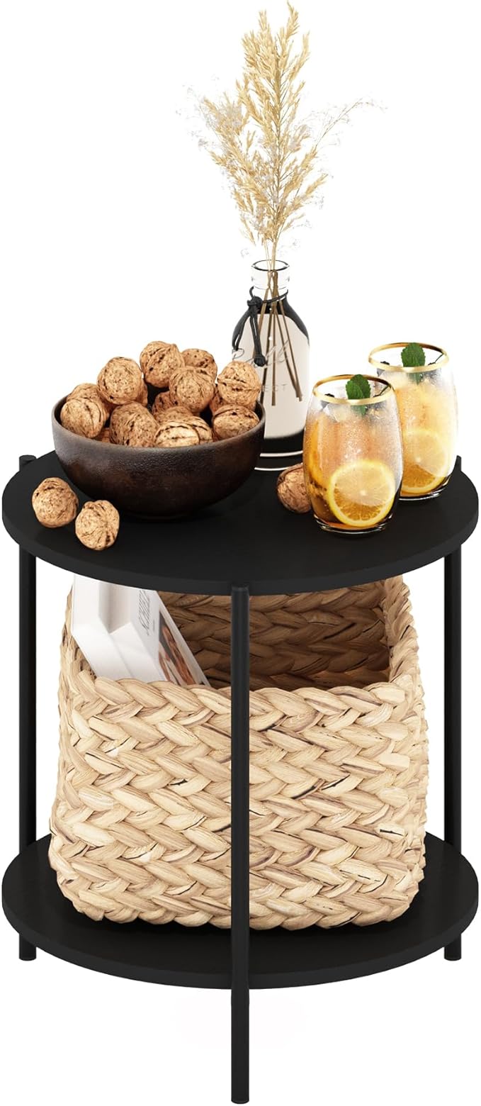 Furinno Besi 2-Tier Modern Round Side End Table with Sturdy Metal Legs, 15.55 (W) x 10.58 (H) x 5.46 (D) inches, Americano