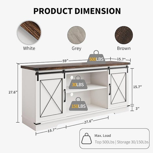 IDEALHOUSE Farmhouse TV Stand and Entertainment Center for Tv up to 65 inches with Sliding Barn Doors, Tv Media Console Table with Storage Cabinet for Living Room, White & Brown