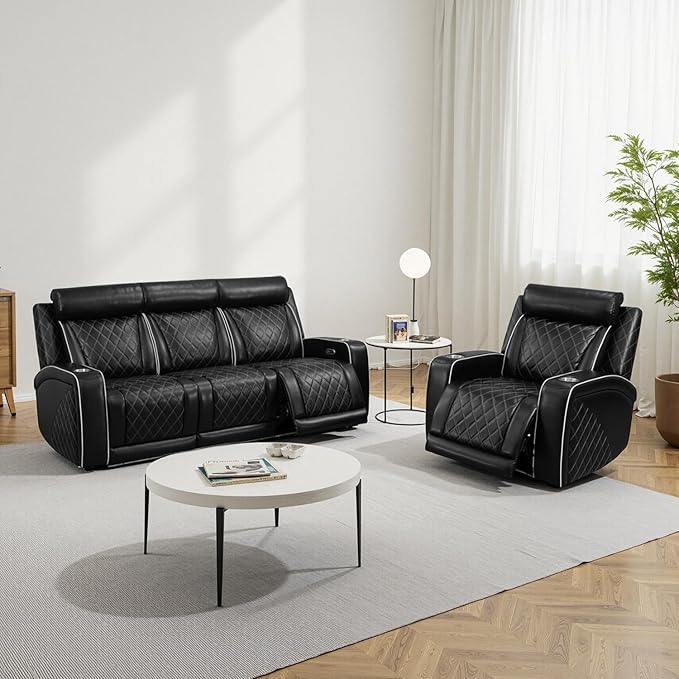 Breathing Leather Power Recliner Sofa Set, 2 Piece Leather Couch and Recliner Chair Set, Living Room Furniture Set with USB Charging/LED Lights (Black New, Sofa+Chair)