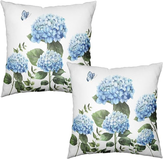 Blue Hydrangea Flower Pillow Covers 18x18 Set of 2 Spring Watercolor Floral Outdoor Throw Pillow Case Summer Green Leaf Seasonal Decorative Cushion Covers for Living Room Couch Sofa Porch