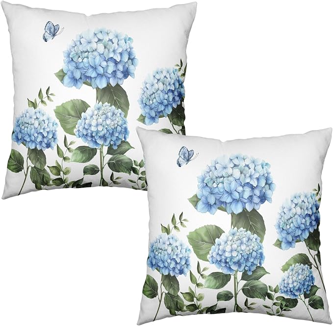 Blue Hydrangea Flower Pillow Covers 24x24 Set of 2 Spring Watercolor Floral Outdoor Throw Pillow Case Summer Green Leaf Seasonal Decorative Cushion Covers for Living Room Couch Sofa Porch