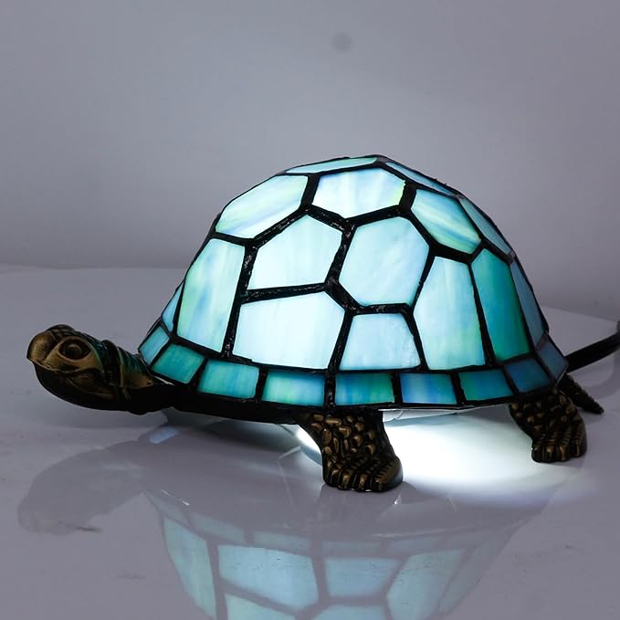 Tiffany Tortoise Lamp Small Stained Glass Turtle Desk Lamp 8X5X4 Inch Animal Antique Accent Table Light (Blue Green Turtle)