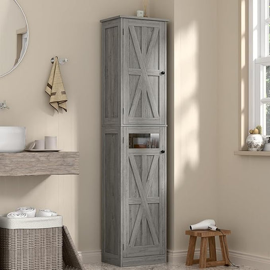 Vabches Tall Bathroom Cabinet, Slim Bathroom Storage Cabinet with Adjustable Shelves and 2 Doors, Narrow Floor Storage Cabinet for Bathrooms, Kitchen, Living Room, Rustic Grey