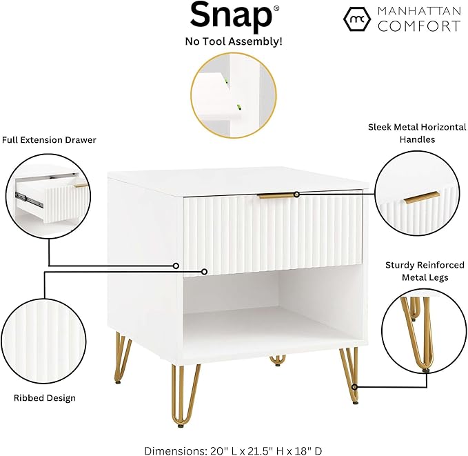 Manhattan Comfort Dumbo Modern Nightstand 1.0 with 1 Drawer and Metal Feet | Splayed Gold Legs | Vertical Ribbed Design | No Tool Assembly Storage for Bedroom & Living Room, Set of 2, White