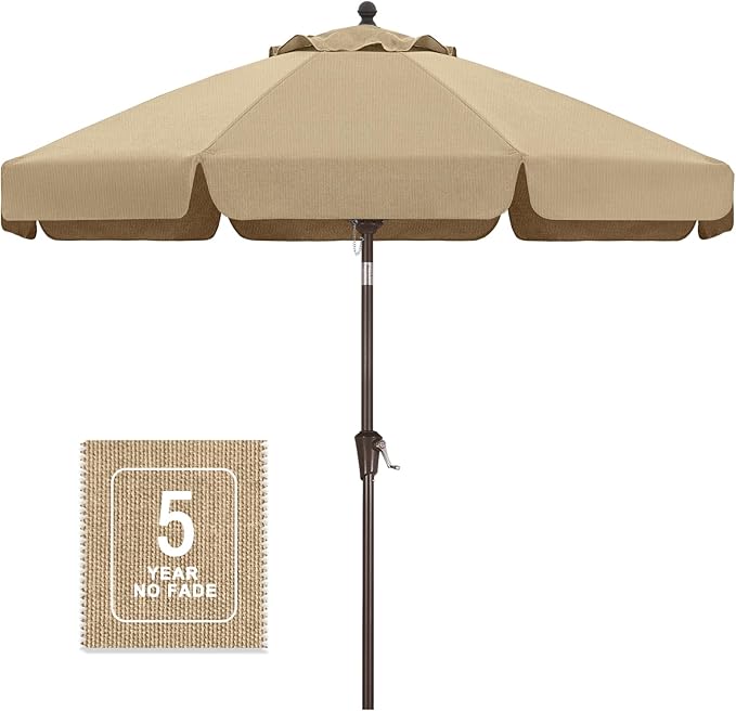 MASTERCANOPY 9ft Olefin Valance Patio Umbrella with Tilt Crank, 5-Year-Non-Fading Canopy & 8 Fiberglass Ribs for Deck, Patio, and Garden, Light Brown