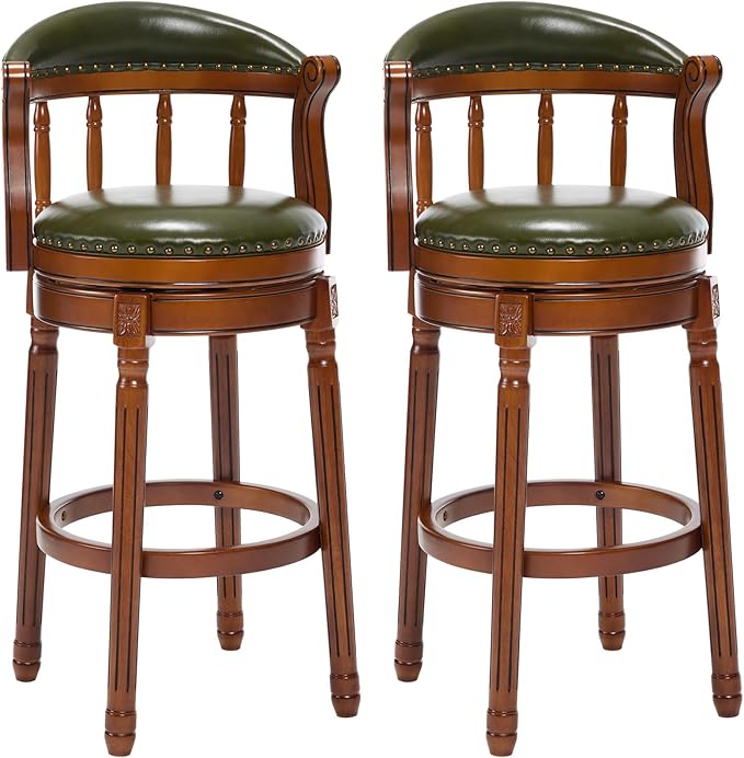 Cow top Leather Wooden Bar Stools, 29.5" Height Bar Chair with Back, 180 Degrees Swivel Bar Stools Chair for Home Kitchen Counter,Restaurant,1pc (Green-2pcs, Bar Seat Height 29.5in)