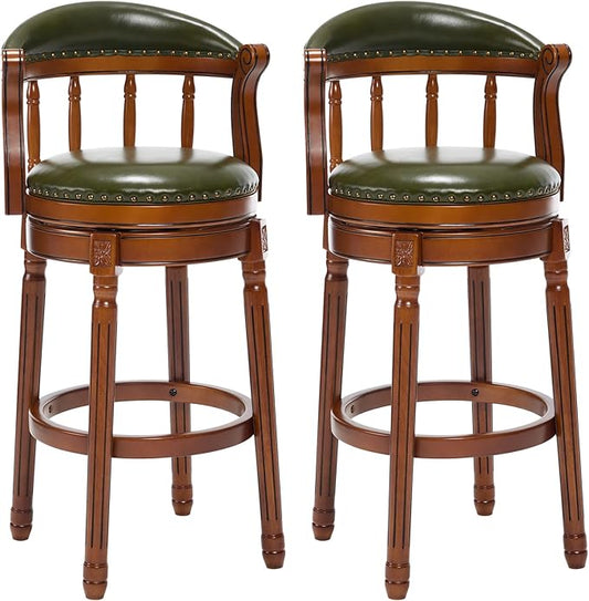 Cow top Leather Wooden Bar Stools, 29.5" Height Bar Chair with Back, 180 Degrees Swivel Bar Stools Chair for Home Kitchen Counter,Restaurant,1pc (Green-2pcs, Bar Seat Height 29.5in)