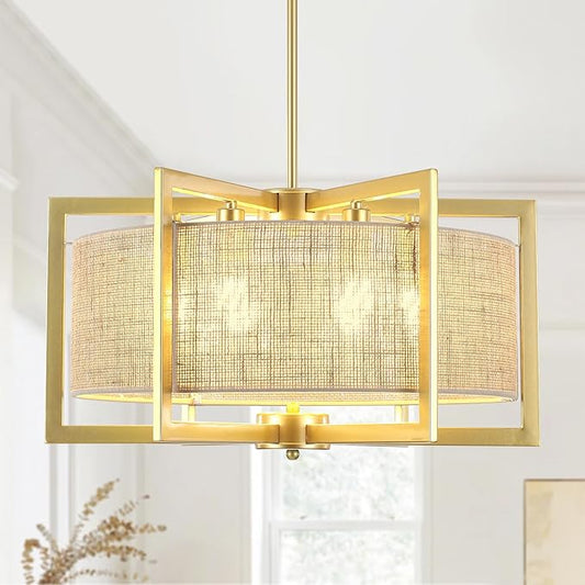 ALISADABOY Sprayed Gold Chandelier for Dining Room 21.25’’ Modern Farmhouse Geometric Drum Chandelier Industrial 6 Light Pendant Light Fixtures for Kitchen Island Entryway Foyer Hallway
