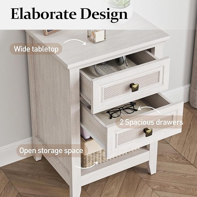 RoyalCraft Rattan Nightstand Set of 2, Boho Bedside Table with 2 Rattan Decor Drawers, Wood Accent End Table with Open Storage Shelf for Bedroom, Home Office, Grayish White