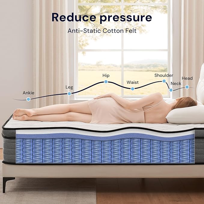 VKT 10 Inch Twin Hybrid Mattress - Medium Firm Feel Back Support, Mattress in a Box with Individual Pocket Springs, Cooling Memory Foam for Pressure Relief with CertiPUR-US Certified