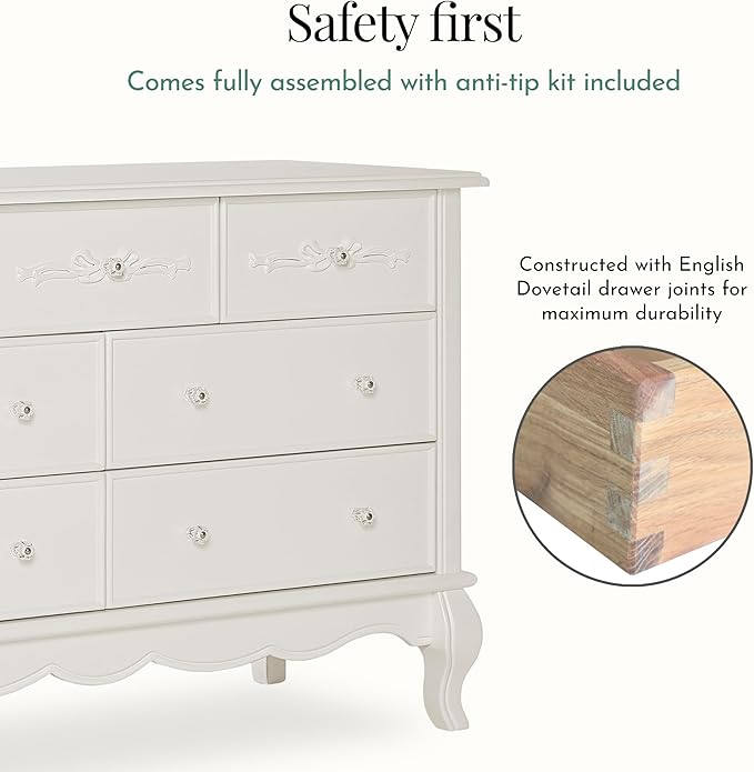 Evolur Aurora 7-Drawer Nursery Dresser – Ivory Lace | Assembled Double Dresser with Crystal Knobs, Queen Anne Legs, Large Storage for Baby Essentials