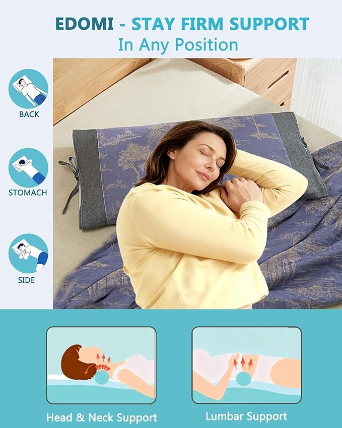 Adjustable Buckwheat Pillows for Sleeping,23.6"x13.7" Breathable Cool Neck Pillow for Bed with Buckwheat Hulls, Cervical Support Thin Pillow for Neck Pain with Dual-Layer Pillowcase,Blue