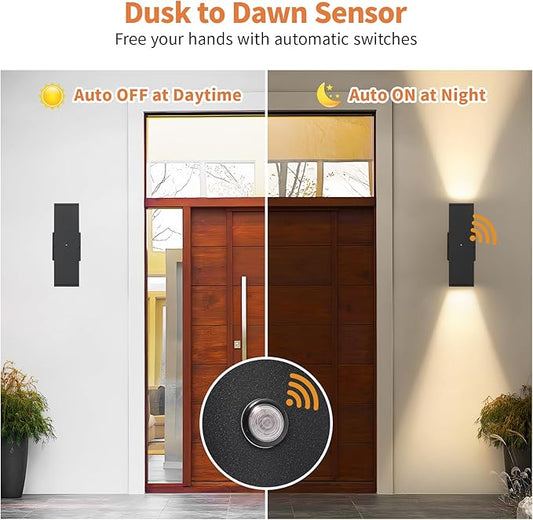 Dusk to Dawn Outdoor Lighting, LED Square Up and Down Outdoor Sconce Lights, Matte Black Exterior Lighting Fixtures with 7W LED Bulbs, Front Porch Lights for house, Garage, Patio, Doorway, 4 Pack