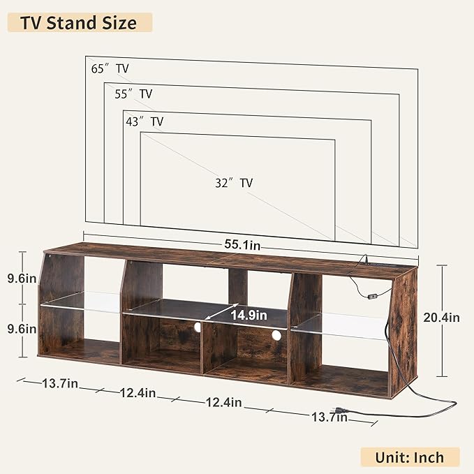 VECELO LED TV Stand for 55 inch, Entertainment Center with Power Outlets, Industrial Television Cabinet with 7 Open Storage Shelves, for Living Room and Bedroom, Retro Brown, 55inch