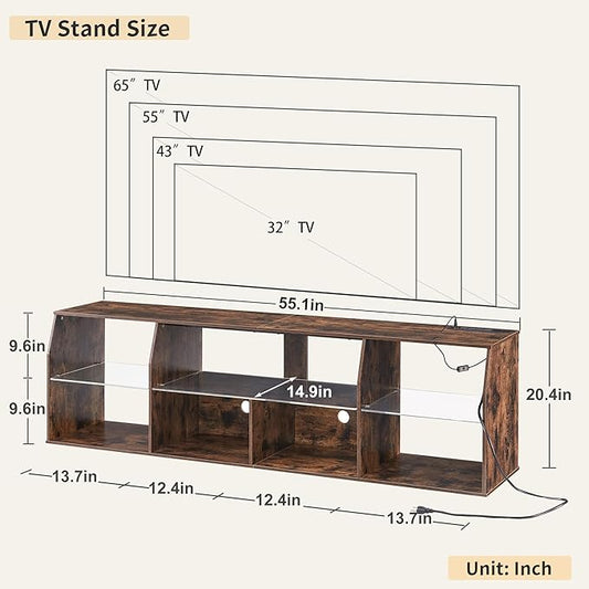 VECELO LED TV Stand for 55 inch, Entertainment Center with Power Outlets, Industrial Television Cabinet with 7 Open Storage Shelves, for Living Room and Bedroom, Retro Brown, 55inch