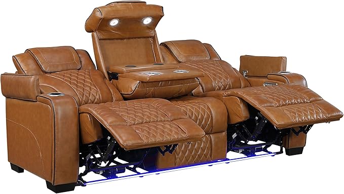 Lexicon Power Double Reclining Sofa, Center Drop-Down Table with Heat/Massage/Headrest/Storage Arms/Cup Holders/LED Lights/Wireless Charging, Top Grain Leather Match Wall Hugger Recliner Sofa, Brown