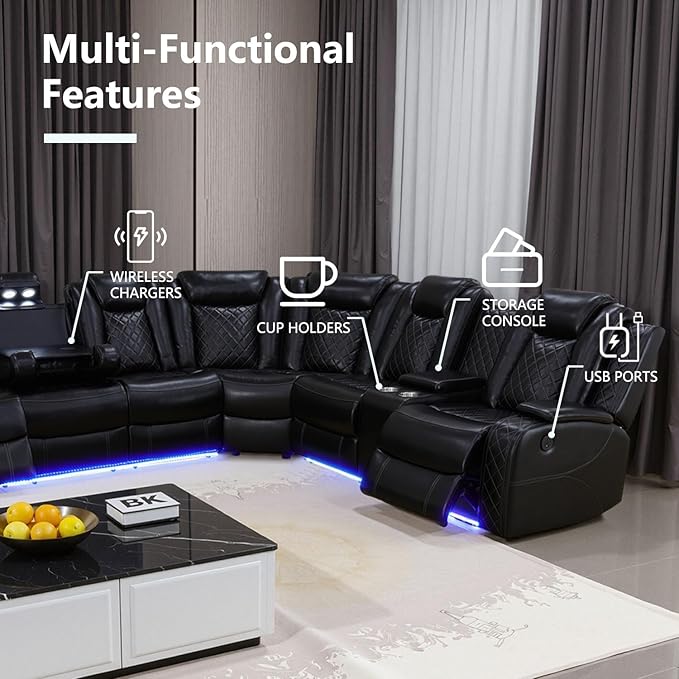 Power Recliner Sectional Sofa Set with Chair, Leather Reclining Couch Set for Living Room, Black Air Leather Recliner Sectional with Storage Console/Cup Holders/USB Ports/LED