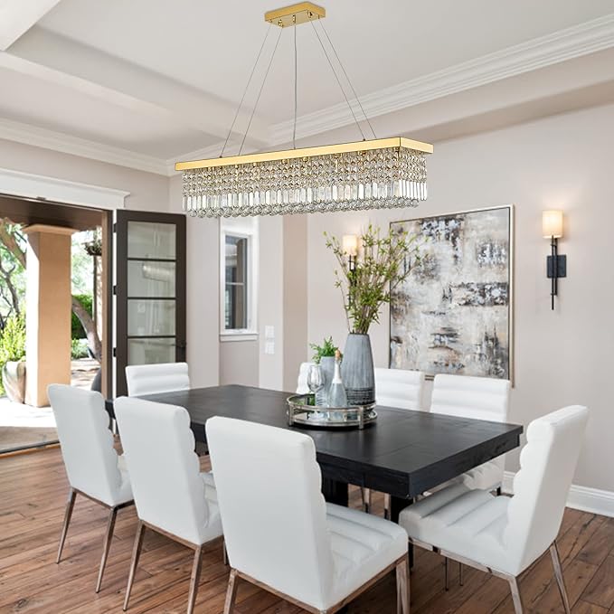 7PM Rectangle K9 Crystal Chandelier Modern Gold Crystal Chandelier Rectangular Pendant Lighting Fixture for Dining Room Kitchen Island Bedroom L47'' x W10'' x H10''