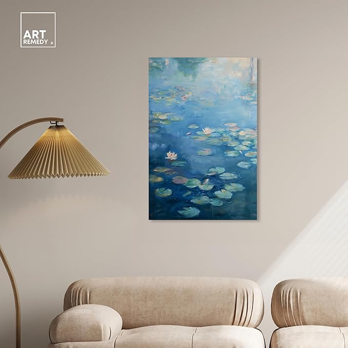 Art Remedy Lilypads In Blues Gallery Wrapped Impressionism 1 Piece Canvas Wall Art/Monet And Van Gogh Inspired Art, 24" x 36", Gallery Wrapped