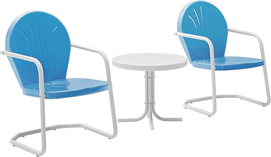 Crosley Furniture Griffith 3-Piece Outdoor Chair and Side Table Set, Retro Metal Bistro Patio Sets for Porch, Sky Blue