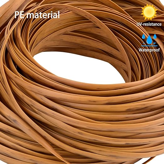 Feyart 7mm 80m/262ft Light Wood Grain PE Rattan Strip for Outdoor Rattan Furniture Repair, Plastic Wicker for Patio Furniture Restore