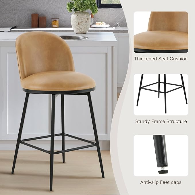 Swivel Bar Stools Set of 2, 26" H Upholstered Faux Leather Barstools with Backs,Counter Height Stools with Metal Legs for Kitchen Island,Brown,1 Box