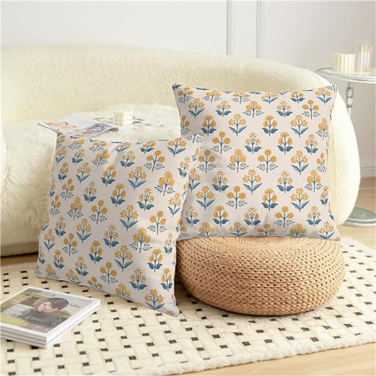 Blue Yellow Block Print Pillow Covers 18x18 Set of 2 Vintage Boho Floral Throw Pillows Case Fall Rustic Outdoor Pillowcases Modern Farmhouse Home Decor for Couch Sofa Living Room
