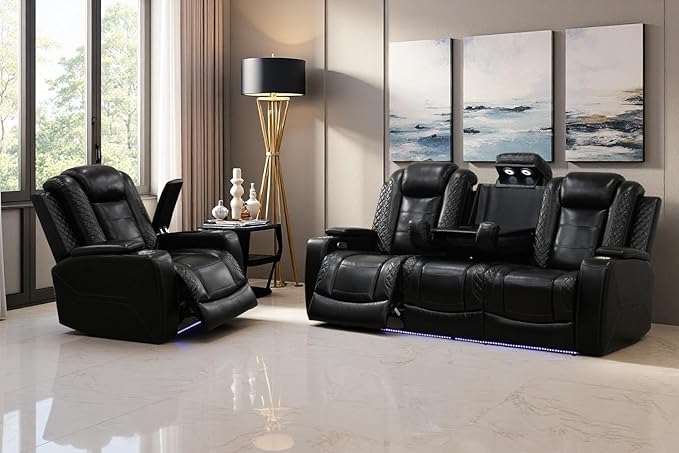 A Ainehome Power Leather Recliner Sofa Set with LED Lights, Recliner Sofa Sectional Couches for Living Room, Reclining Sofa, loveseat, Chair with USB Port/Storage Console/Cup Holder(Black,Sofa+Chair)