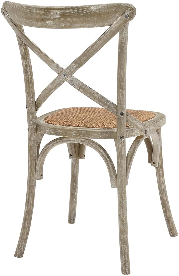 Modway Gear Rustic Modern Farmhouse Elm Wood Rattan Four Dining Chairs in Gray