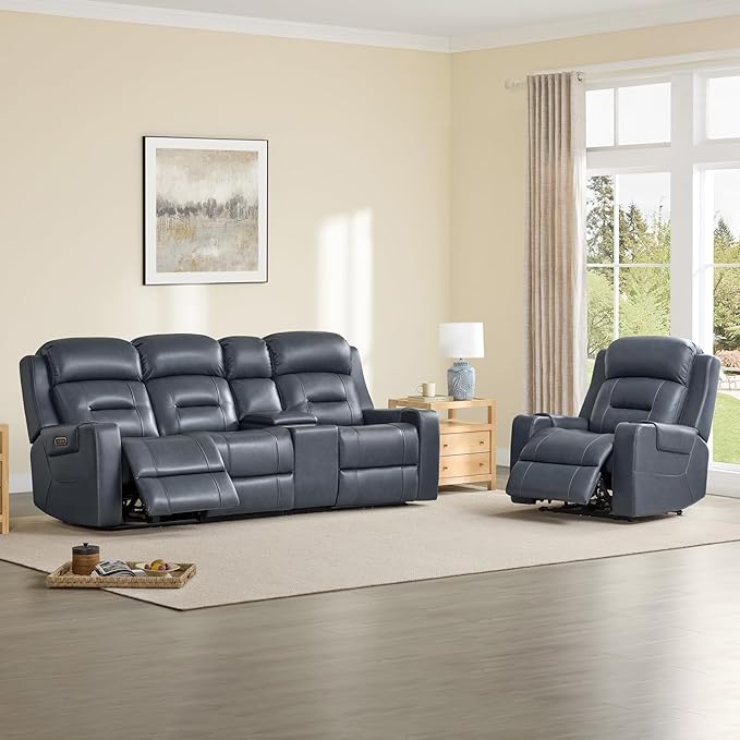 Watson & Whitely Genuine Leather Power Recliner Sofa, Lay Flat Reclining Sofa with Storage Console, Power Headrest & Cup Holders, 3 Seater Electric Reclining Couch for Living Room, Navy Blue