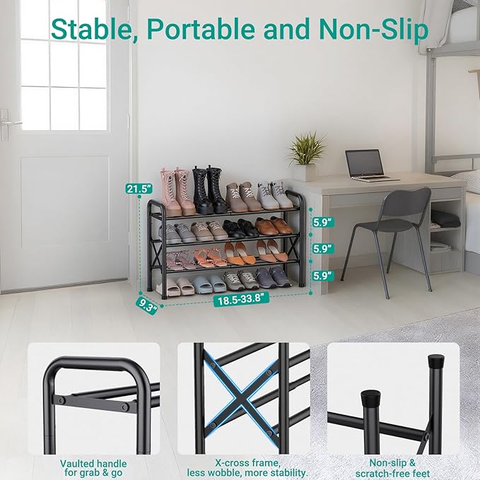 3-Tier Expandable Shoe Rack for Closet Floor, X-Frame Metal Small Shoe Rack for Entryway, Adjustable Shoe Shelf Organizer, Free Standing Shoe Racks for Front Door Entrance, Garage - Black