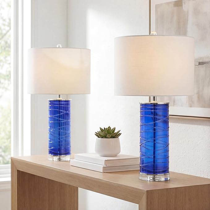 JONATHAN Y 27.5" Cobalt Modern Fused Glass Table Lamp Set of 2 for Bedroom Living Room, Coastal Nightstand Bedside Lamp with White Linen Shade, LED Bulbs Included (JYL4017D-SET2)