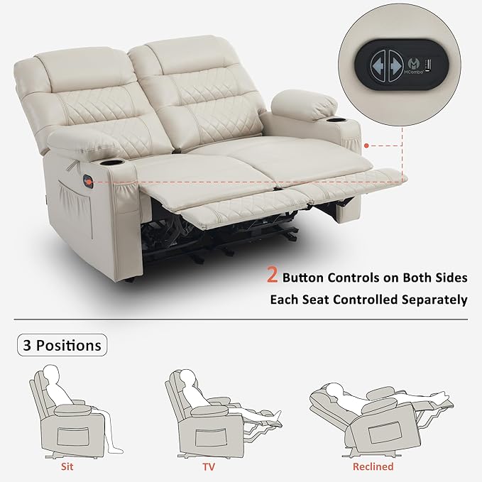 MCombo 56.3" Zero Gravity Power Loveseat Recliner with Heat and Vibration Massage, Reclining Loveseat Sofa with USB Ports, Cup Holders for Living Room, Faux Leather PR622Sets (Light Grey)