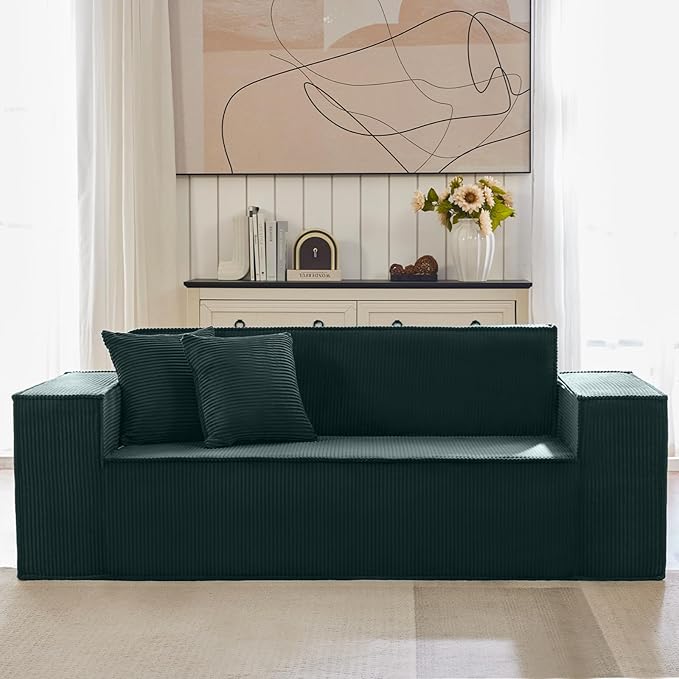 SUYOLS Corduroy Cloud Couch with Pillow, Premium Memory Foam, No Assembly Required, Deep Seat Sofa in Box, Space-Saving Chair for Home, Living Room, Bedroom, Apartment, Office, 3-Seater, Dark Green